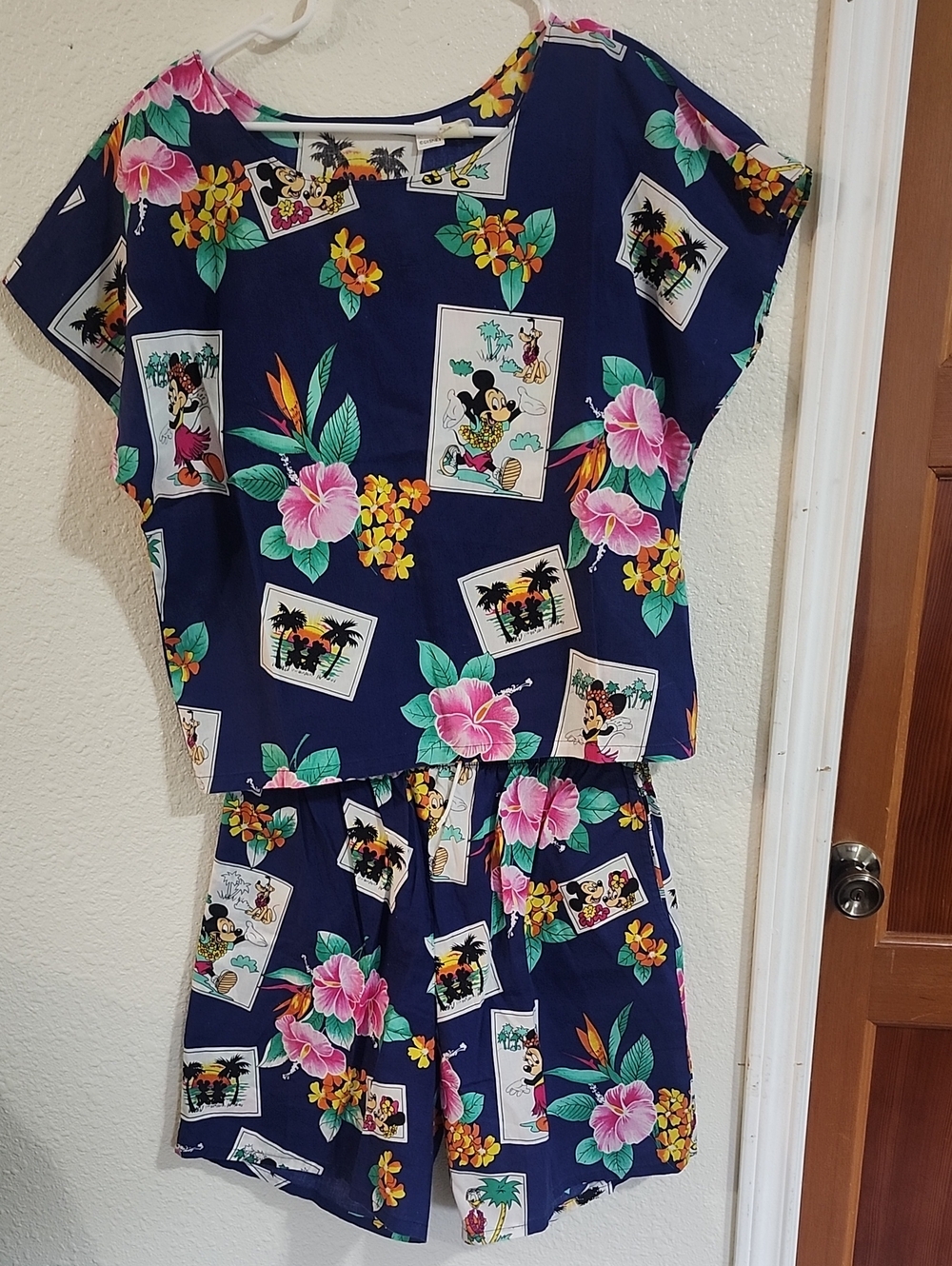 Disney Navy Floral Mickey Short Pajama Set with Pink Hibiscus